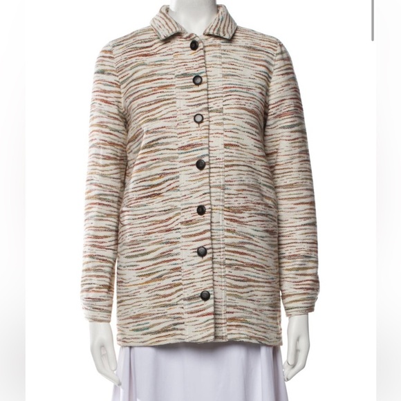 Sézane Neutral Striped Button Front Coat Pointed Collar Fall Jacket Parisian XS - Picture 2 of 5